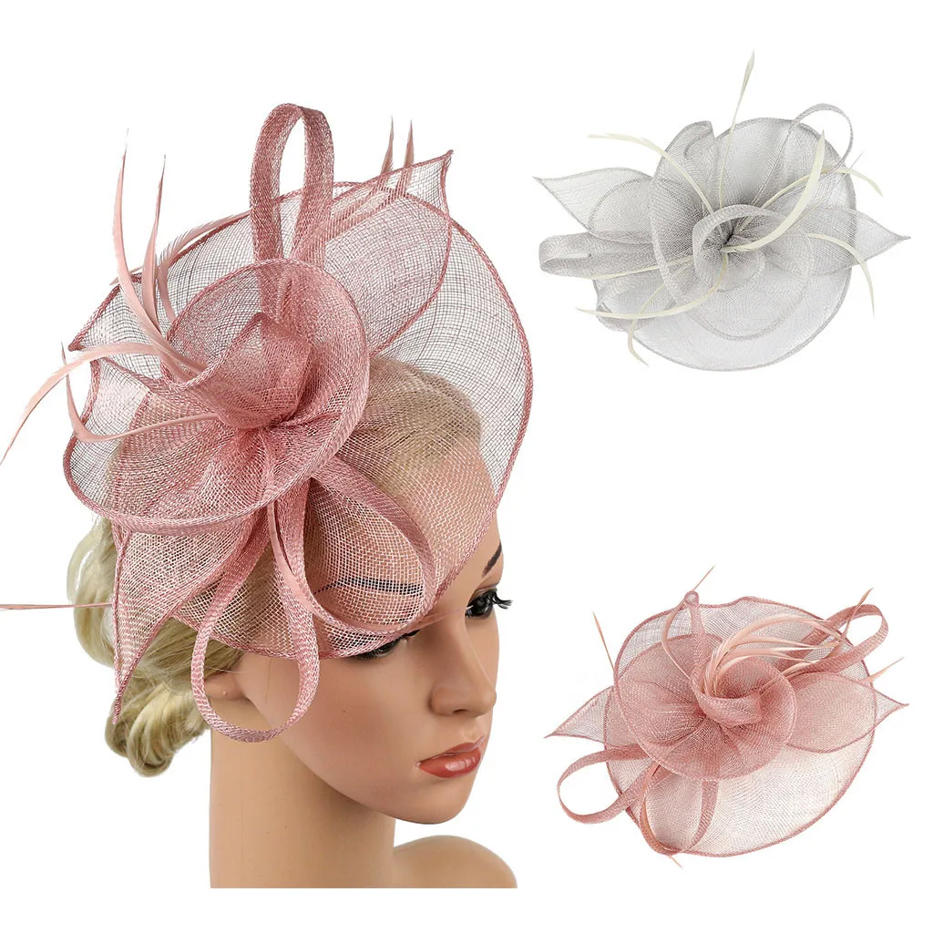 Women's Flower Mesh Headwear Girl Hair Hoop Fascinator Hat Imitation Sinamay Feather Tea Party Pillbox girls hair accessories