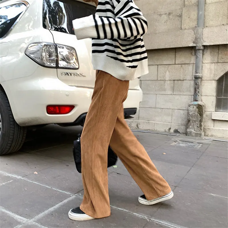 

HziriP Thicken Corduroy Loose Chic All Match Fashion 2021 Autumn Wide Leg Pants High Waist Work Solid Casual Straight Trousers