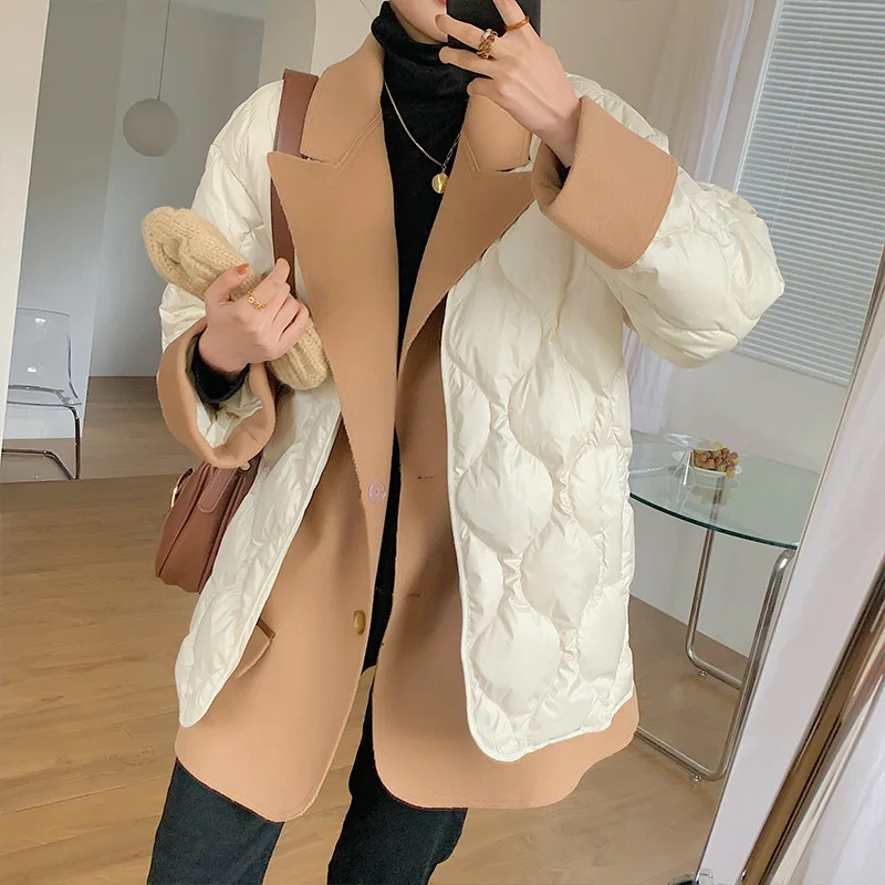 

Новинка 2021, стильный женский пуховик с ромбовидным узором, в Корейском стиле, короткая зимняя куртка с воротником-костюмом