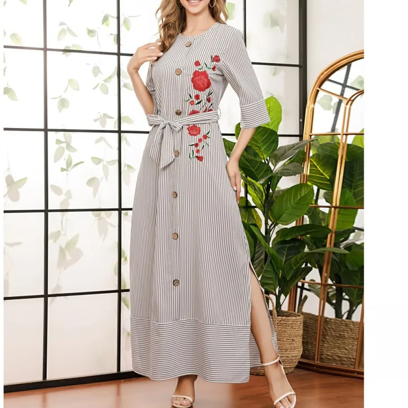 

Платье женское длинное с круглым вырезом, вечерние тное вечернее Макси-платье с пуговицами, рукавами до локтей, полосками, шнуровкой, вышивк...