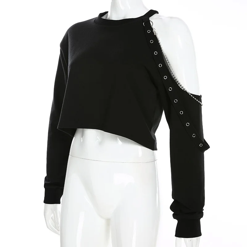 

Casual Cut Shoulder Women Tshirt Black Hollow Out O-neck Harajuku Tee Shirt Femme Korean Clothes Spring 2020 SJ5229R