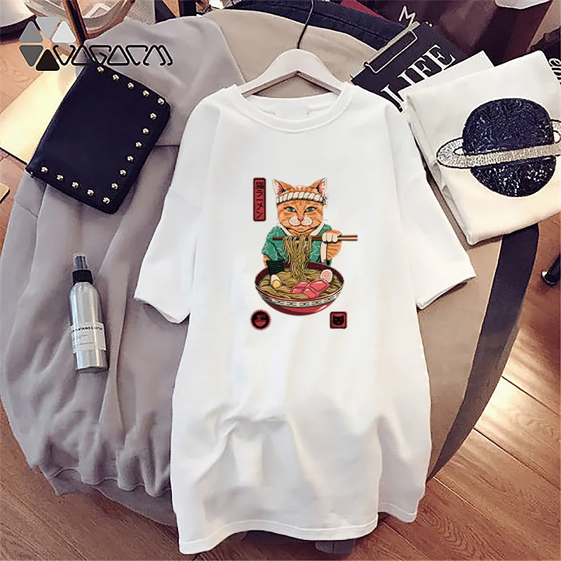 

Summer Fashion Dress Mini Women Loose Japanese Cat Print T-Shirt Dresses Korean Short Sleeve Casual Streetwear Pullover Dress