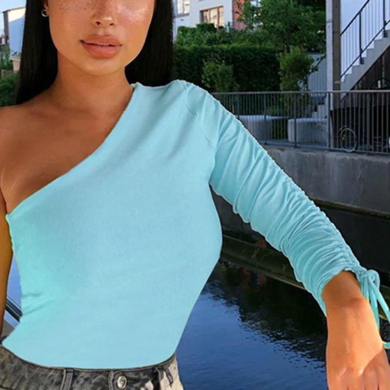 

Sexy Drawstring Ruched Women T Shirt Crop Top One Shoulder Bodycon Streetwear Party Club Elegant Autumn Winter Clothes