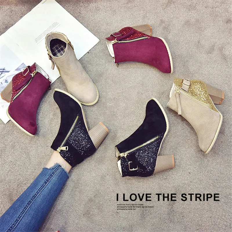 Женские ботильоны с блестками ботинки на высоком каблуке молнии большие размеры