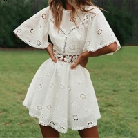 new arrivals sexy white cotton dresses crochet hollow out dress women flare sleeve cotton embroidery mini dress summer day