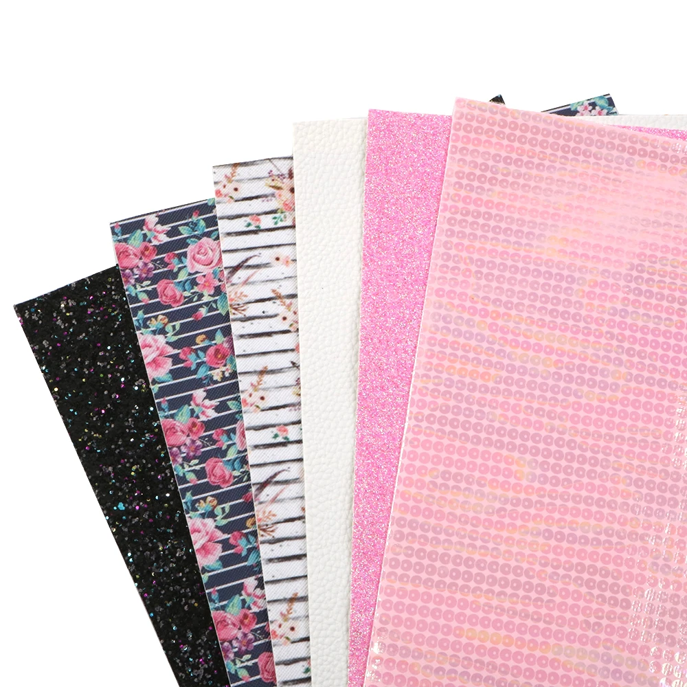 

6Pcs Flower Printed Assorted Lychee Glitter Laser Faux Leather Sheet Vinyl Fabric For Making Handmade Crafts,1Yc10245
