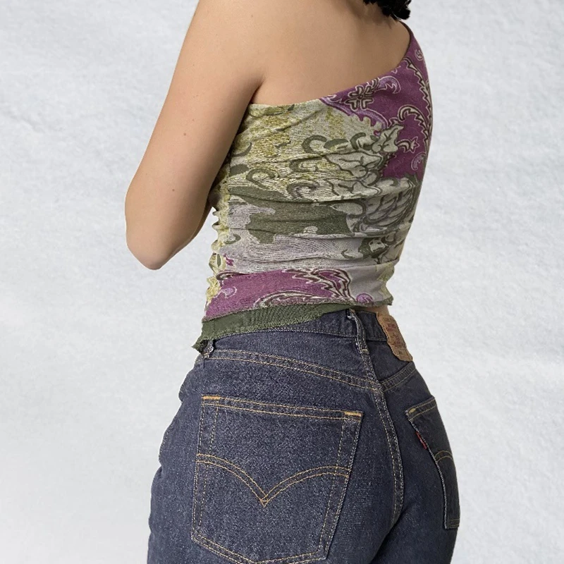 Harajuku 90s Vintage Printed Crop Top One Shoulder Asymmetric Corset Tank Women Summer Y2K Aesthetic Chinese Style Camis Vest