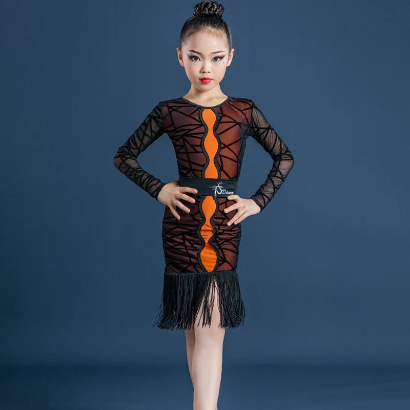 

Summer Children'S Latin Dance Dress Professional Fringed Dress Girls Black One-Piece Skirt Latin Performance Clothes 130-160CM