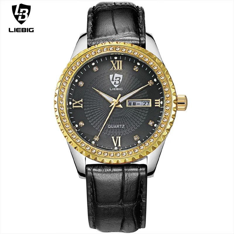 Silver Gold Black LIEBIG, кварцевые часы для мужчин s, светящиеся часы, наручные часы для мужчин, элегантные часы с бриллиантами, мужские часы с кожаным ремешком, мужские часы L1001 - Цвет: Silver Gold Black