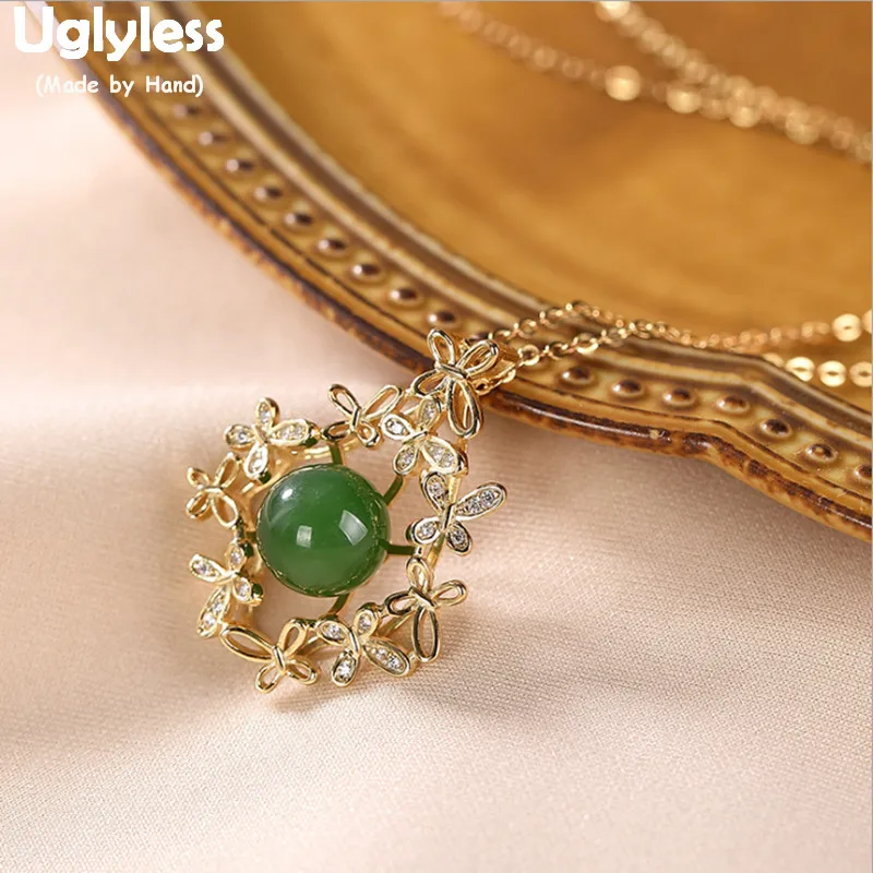 

Uglyless Hollow Butterflies Garland Necklace + Chains Real 925 Silver Flowers Pendants for Women Natural Jade Fine Jewelry P1039