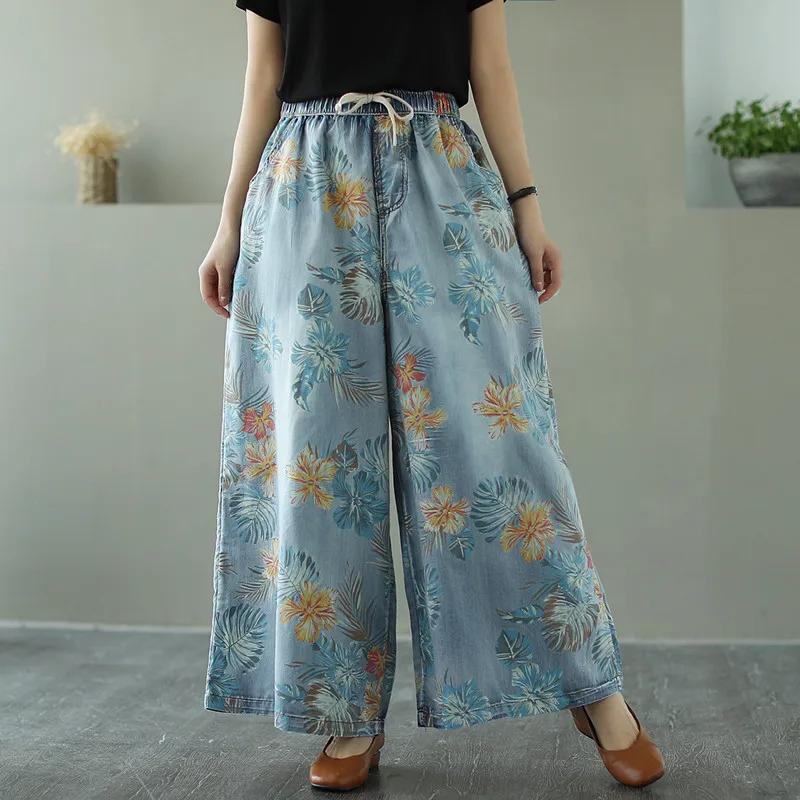 

2021 Summer Spring Vintage Jeans Woman High Waist Wide Leg Denim Cropped Pants Female Streetwear Flowers Print Long Trousers