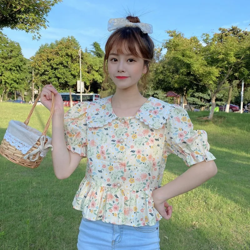 Летний укороченный топ с принтом Питер Пэн и воротником Женская одежда Шикарные