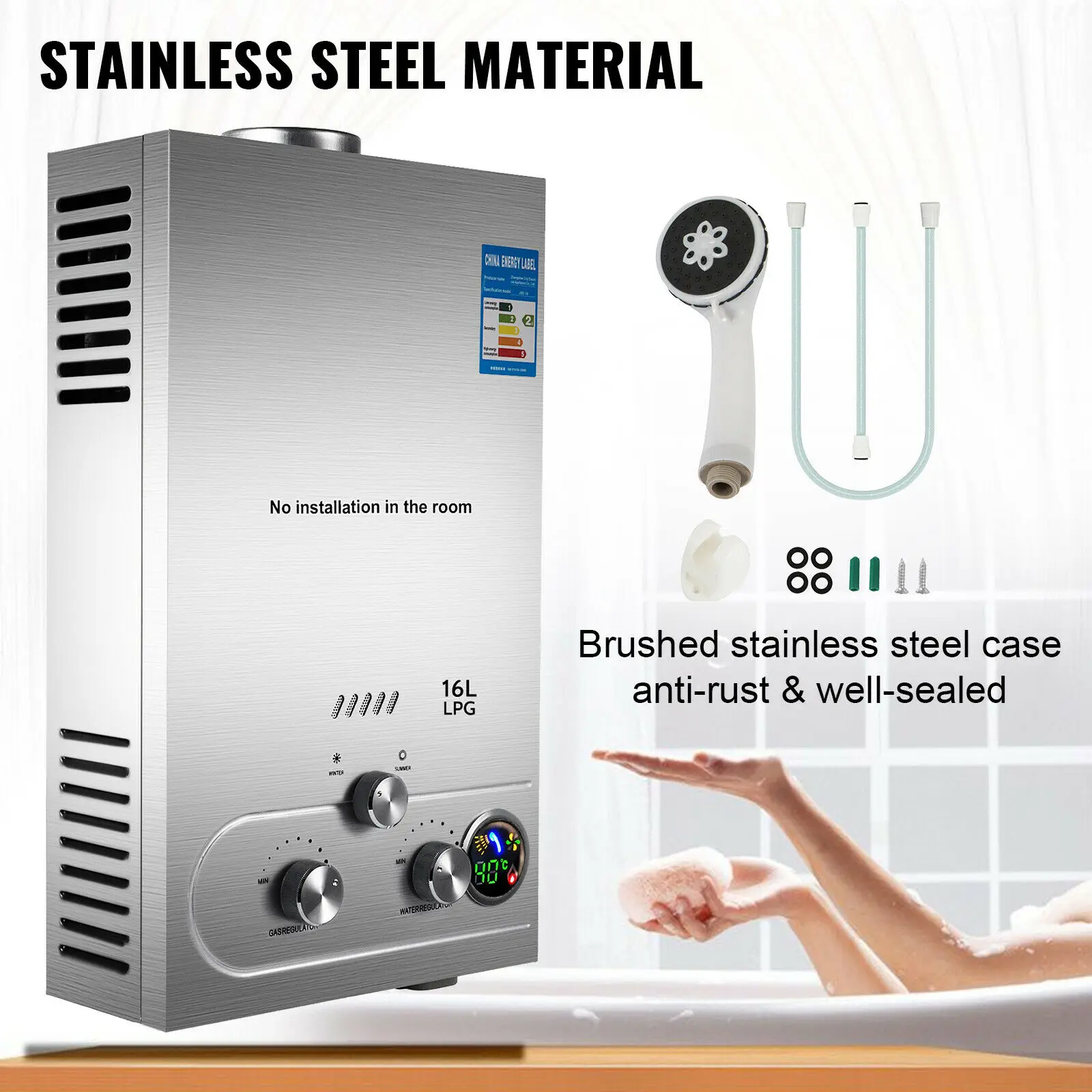 

6L/8L/10L/12L/16L/18L LPG Hot Water Heater Propane Gas Tankless Instant Boiler With Shower Kit 4.8GPM