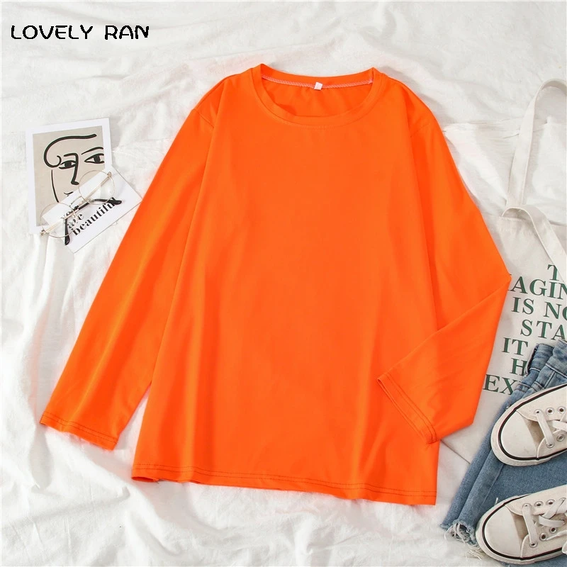 

Long Sleeve Solid White Candy Color Woman's T-Shirt O-Neck Simple Casual Top Elastic Basic Female Streetwear Spring Fashion New