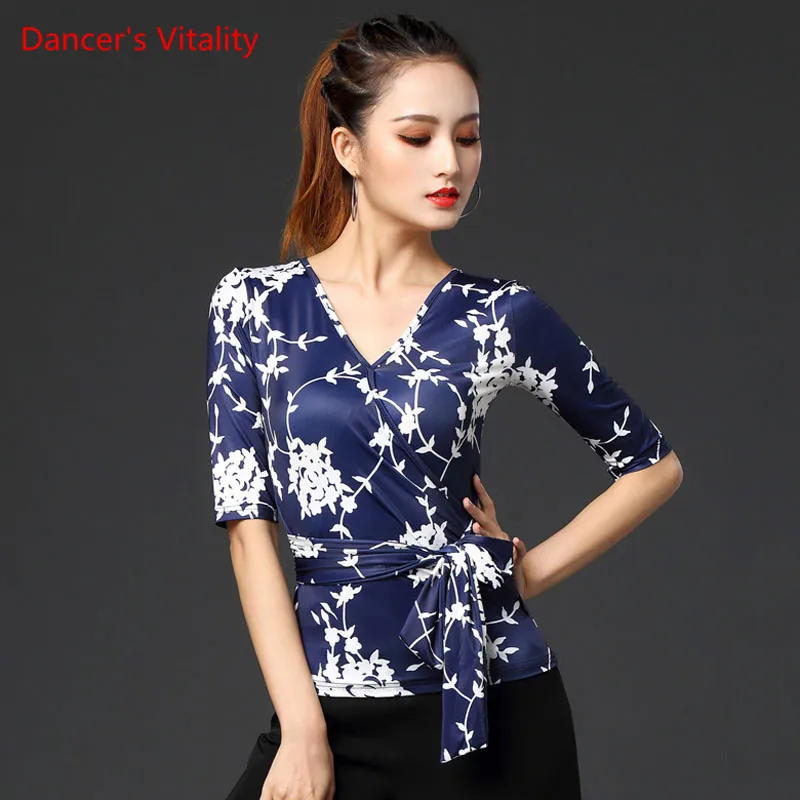 

Latin Dance Clothes New Female Adult Sexy Tops V-Neck Ballroom National Standard Dancing Profession Practice Clothing