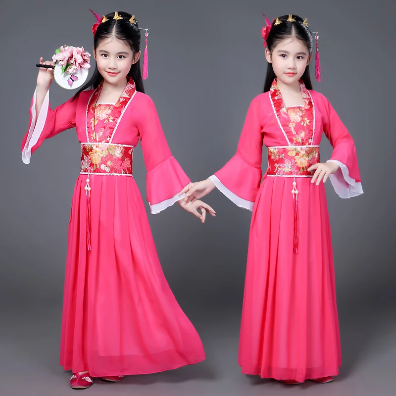 

Fans de danse traditionnelle chinois robe traditionnelle pour enfants Hanfu rouge rose vif bleu ciel blanc vert jaune Halloween