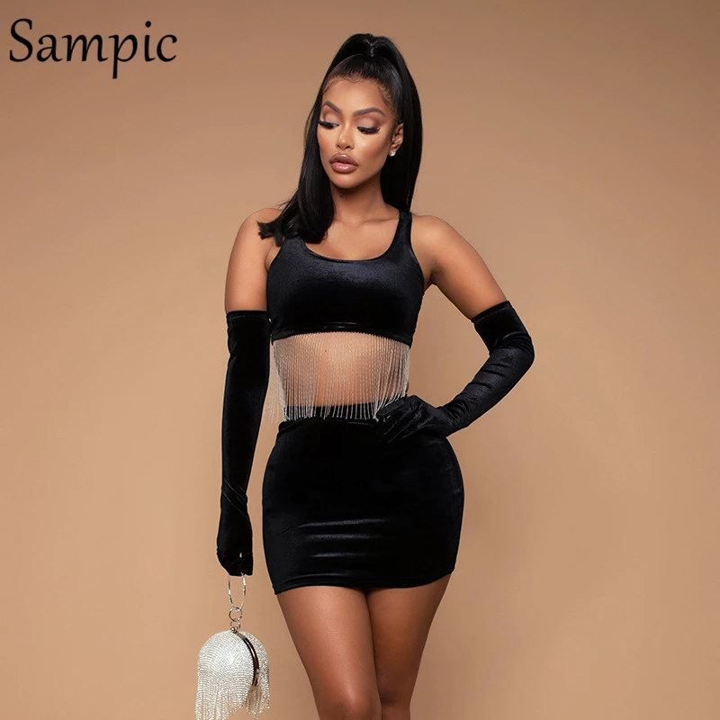 Sampic женский лоскутный сексуальный короткий топ с кисточками клубный юбка летний
