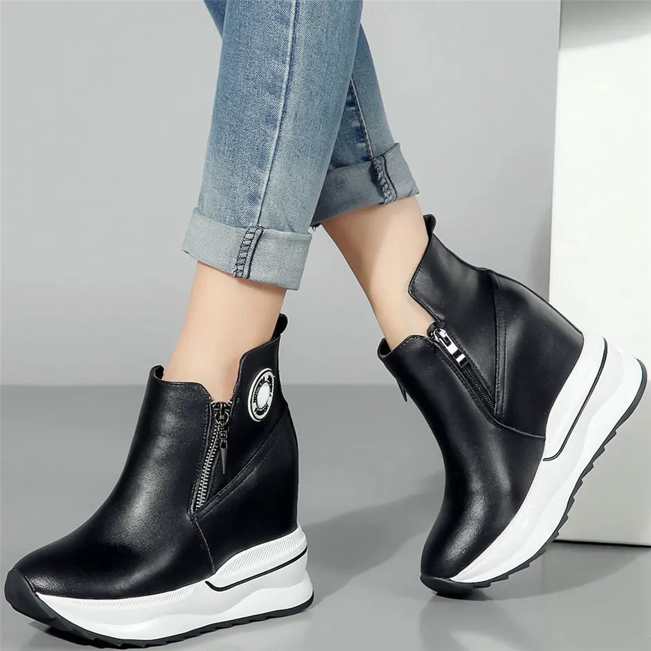 Fashion Sneakers Women Genuine Leather Wedges High Heel Ankle Boots Female High Top Round Toe Platform Pumps Shoes Casual Shoes