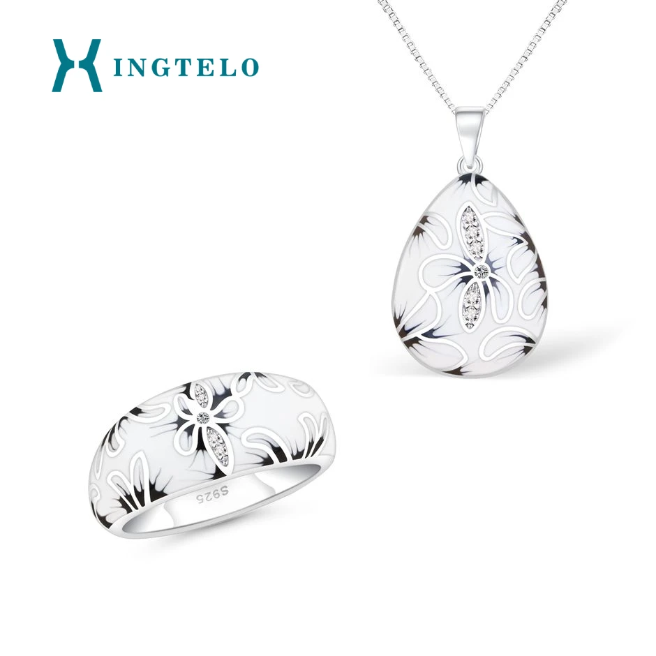 

XINGTELO 925 Sterling Silver Bridal Jewelry Set Ring Pendant Necklace White Enamel Crystal Flower Wedding Ring for Woman