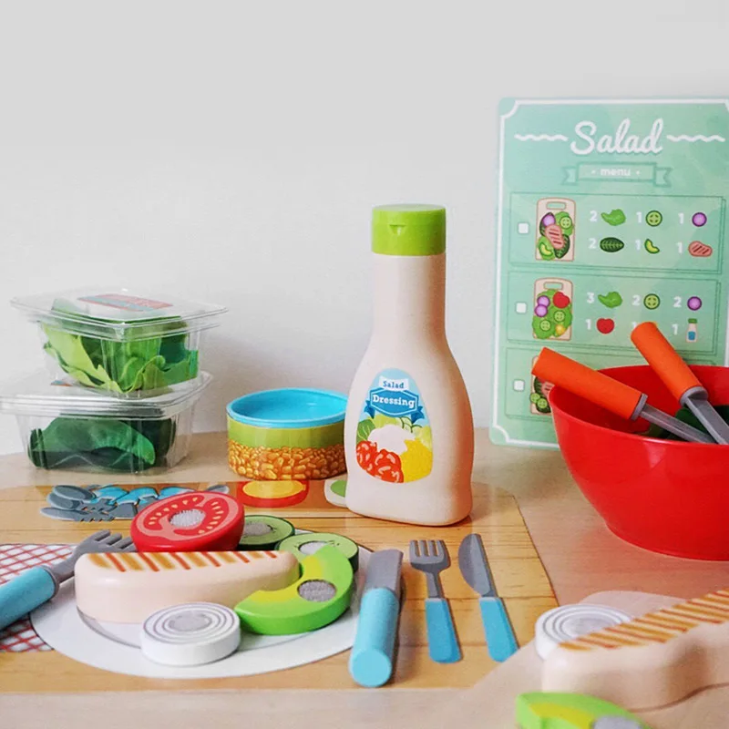 

Children's Wooden Play House Toy Kitchen Set Montessori Education Hamburger Salad BBQ Making Fruit Cutting Game Kids Gift