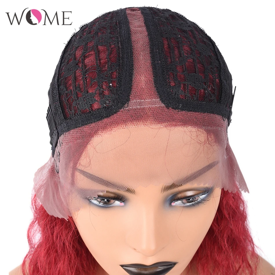 WOME Bright Red Color Brazilian Short Bob Wig 12inch Water Wave Lace Part Human Hair Wigs For Black Women Remy | Шиньоны и парики