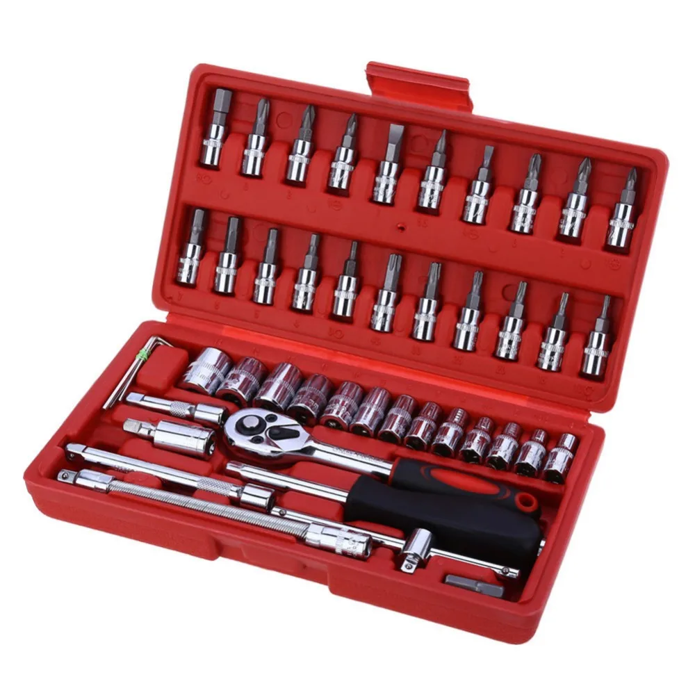 

2018 High Quality 46Pcs Car Repair Tools Set Spanner Socket 1/4" Ratchet Wrench Kit Hand tools #275499
