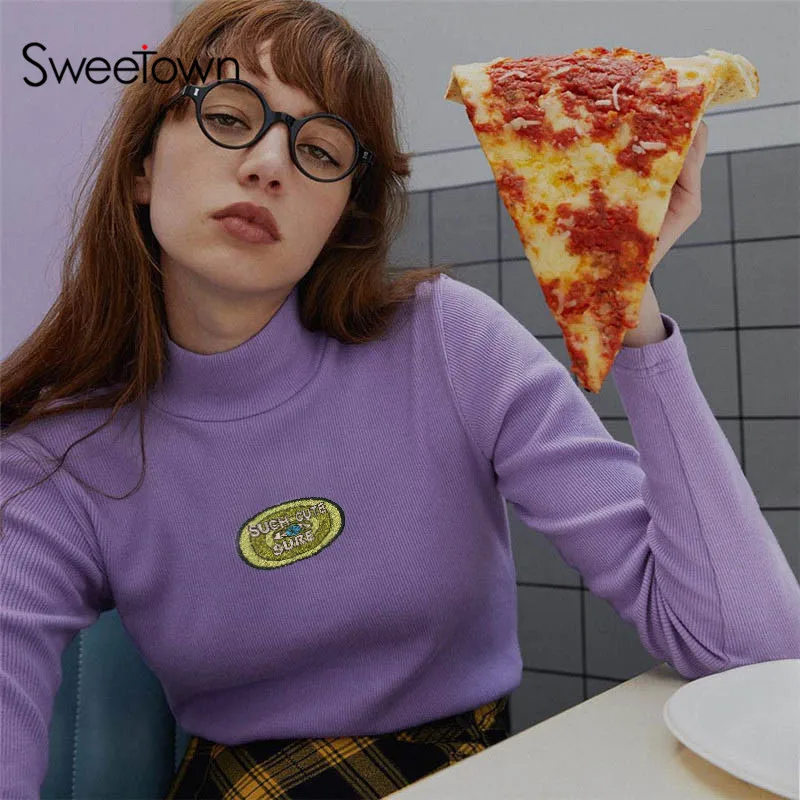 Sweetown фиолетовый базовый укороченный Топ Футболка для женщин вышивка милый Kawaii одежда Водолазка с длинным рукавом тонкий сексуальный укороченная майка