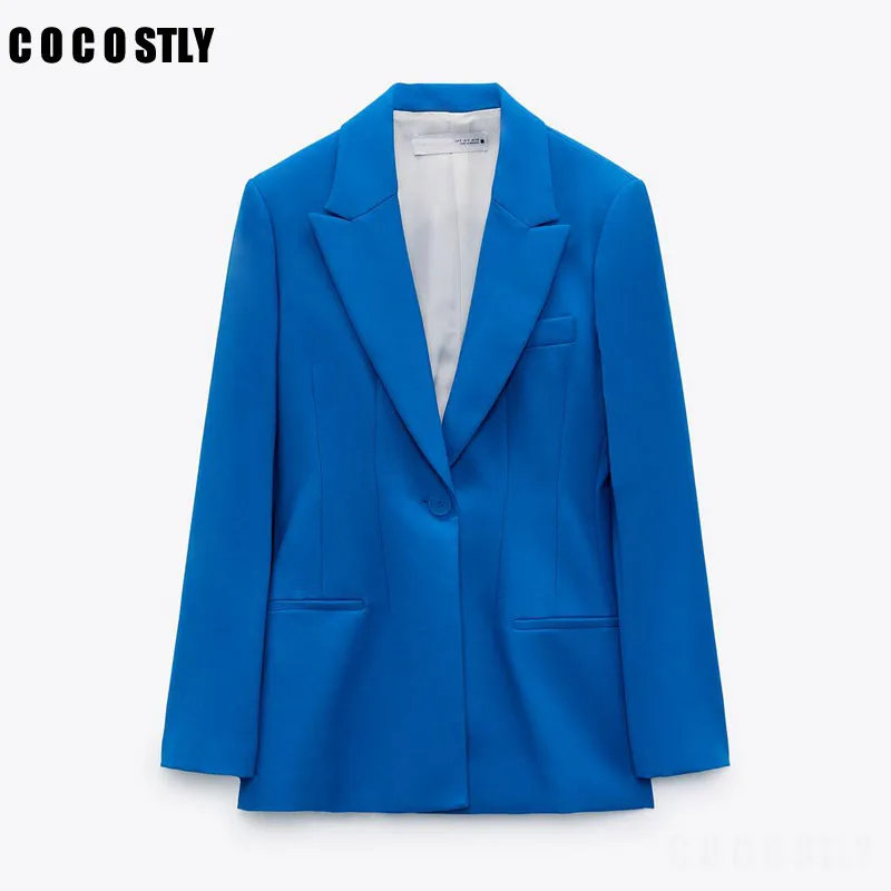 

New Za Women 2021 Fashion Single Button Slim Blazer Coat Office Long Sleeve With Shoulder Pads Female Outerwear Chic Tops