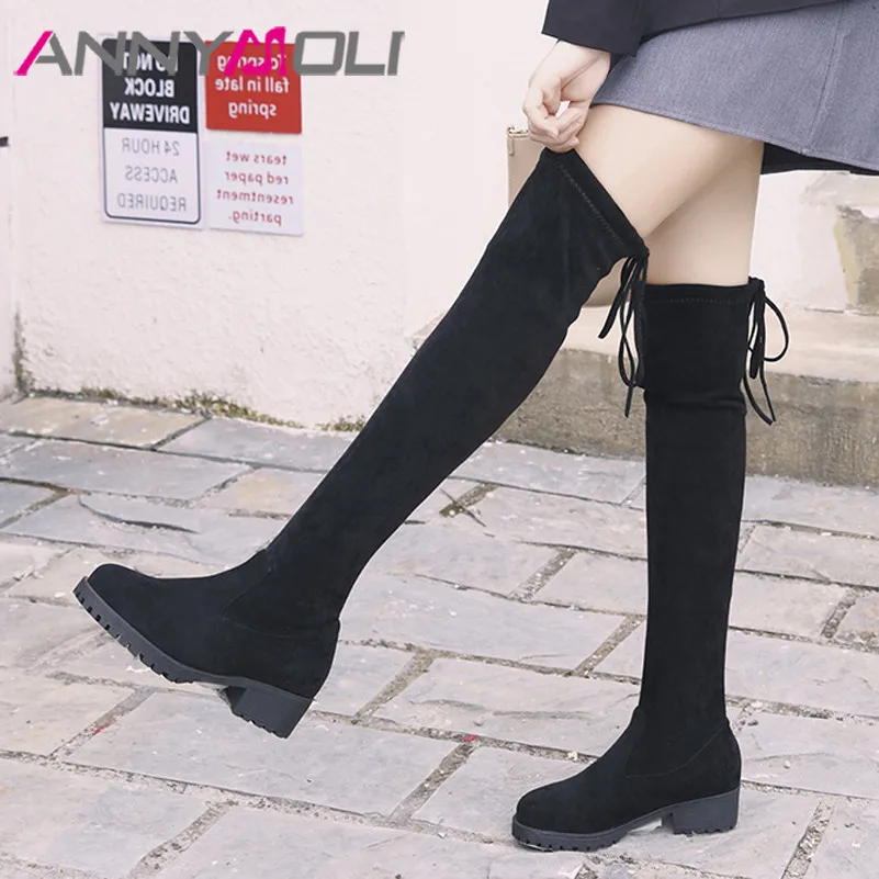 

ANNYMOLI High Heel Over The Knee Boots Height Increasing Heel Woman Boots Lace Up Long Boots Female Slim Stretch Shoes Black 43