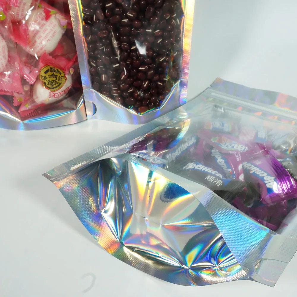 

100pcs 15x23cm Laser Standing Up Aluminum Foil Ziplock Bags with Clear Front - Zipper Self Sealing Plastic Toys Gift Packaging