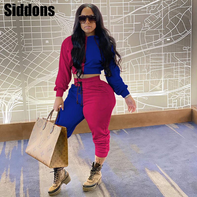 

Women Two Piece Set Patchwork Long Sleeve Hoodies Crop Top and Lace Up Pants Sets Matching Sets Tracksuit