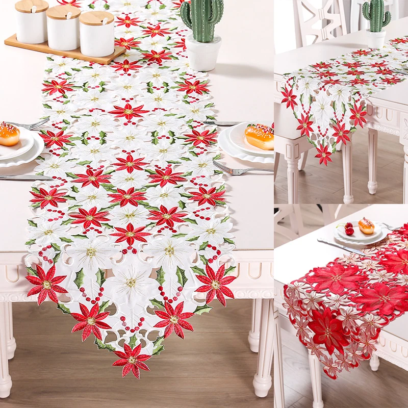 

Holiday Christmas Table Runner Cutwork Embroidered Floral Table Runner Home Dining Table Topper