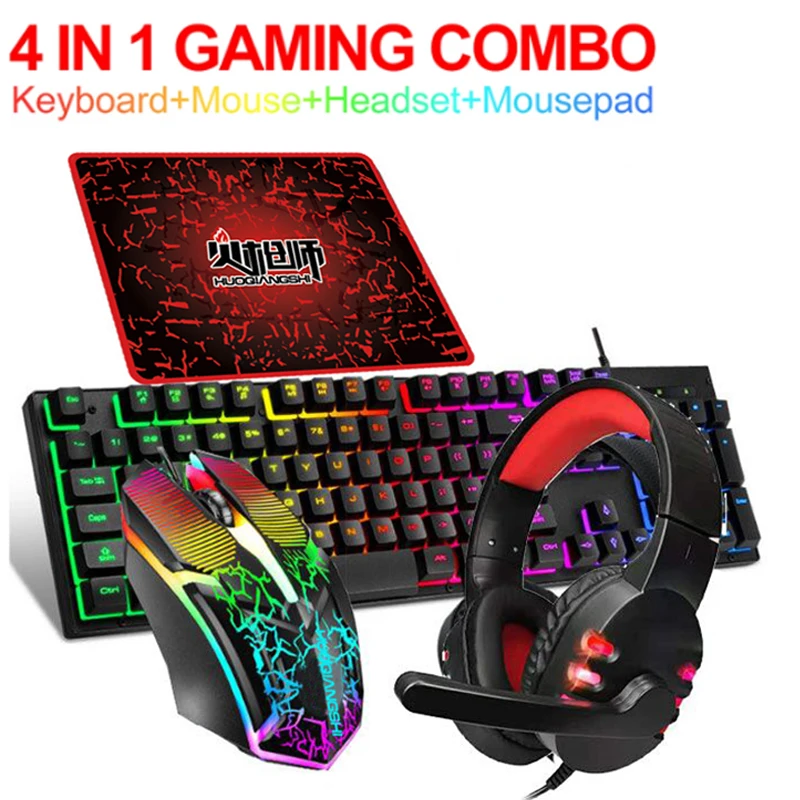 4 In 1 Wired Gaming Set RGB Ergonomic Keyboard And Mouse Combos Headphone Mouse Pad Gamer Accessories PC Full Gaming Setup