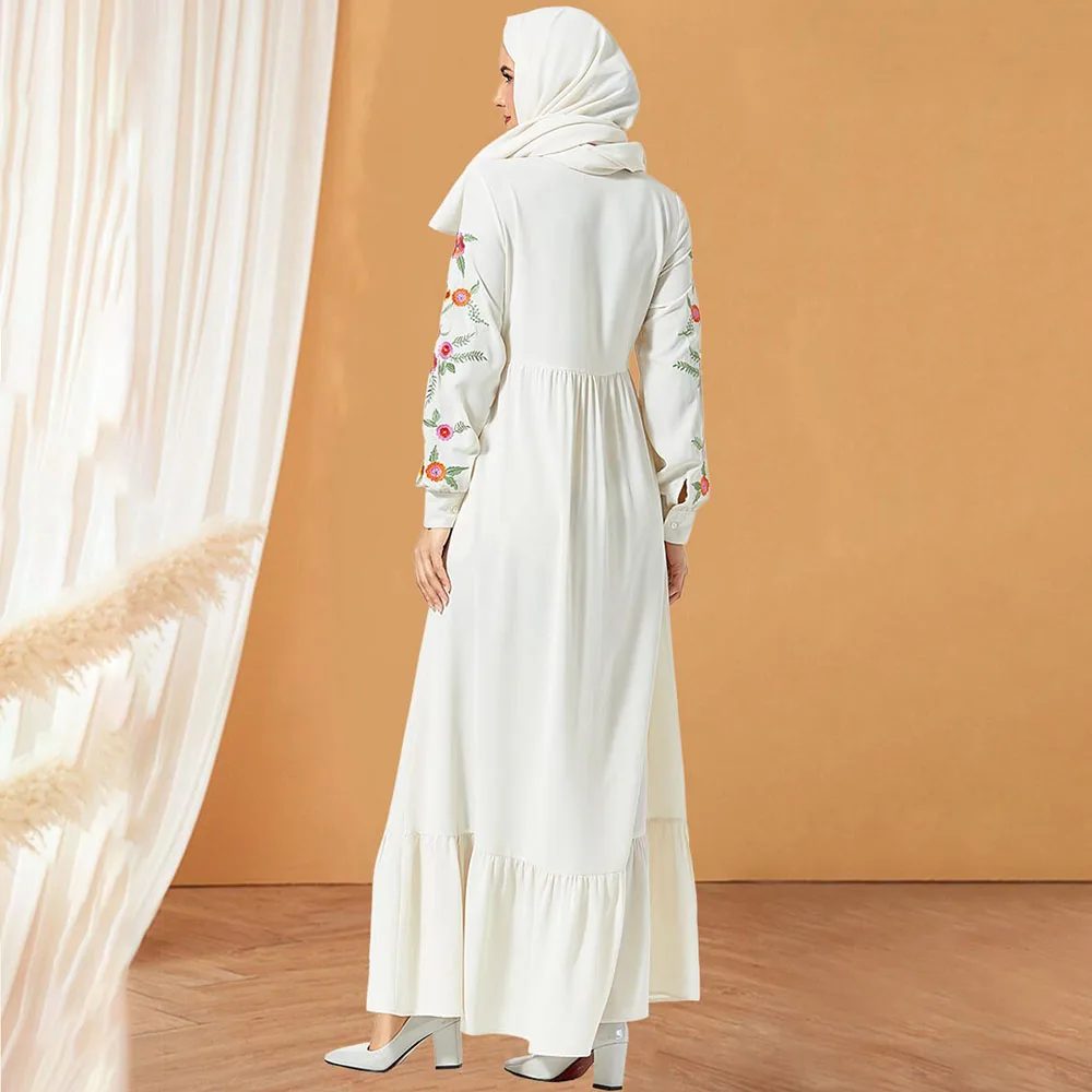 Женское мусульманское платье без хиджаба Abaya белое вечернее с вышивкой в