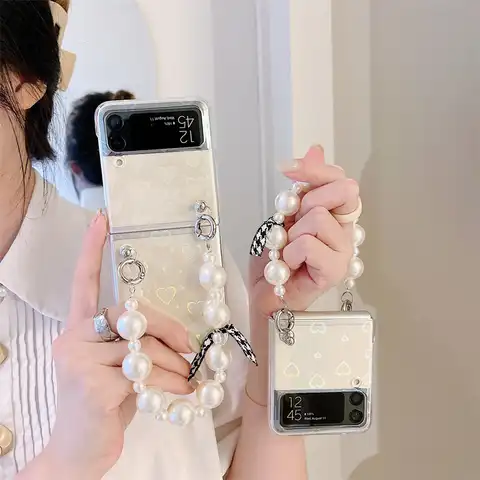 INS жемчужный портативный чехол для телефона с веревкой для Samsung Galaxy Z Flip 3 Z Flip3 ZFlip3 милые лазерные сердца Прозрачный жесткий поликарбонатный ч...