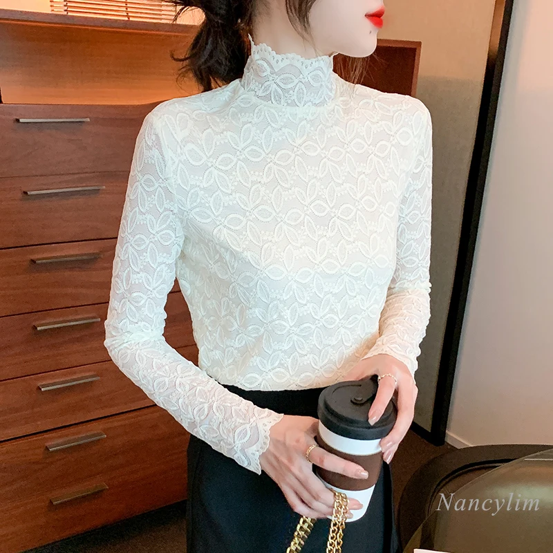 

Кружевные рубашки для женщин, новинка осень-зима, футболка с длинным рукавом, внутренняя одежда, Сексуальные облегающие топы, женские топы ...