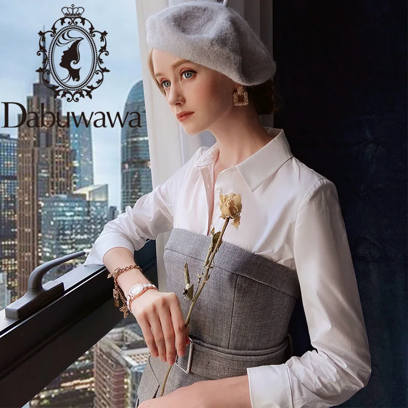 

Dabuwawa White Solid 100% Cotton Blouse Women Autumn Turn-Down Collar Long Sleeve Basic Slim Fit Shirts Office Lady DT1CST024