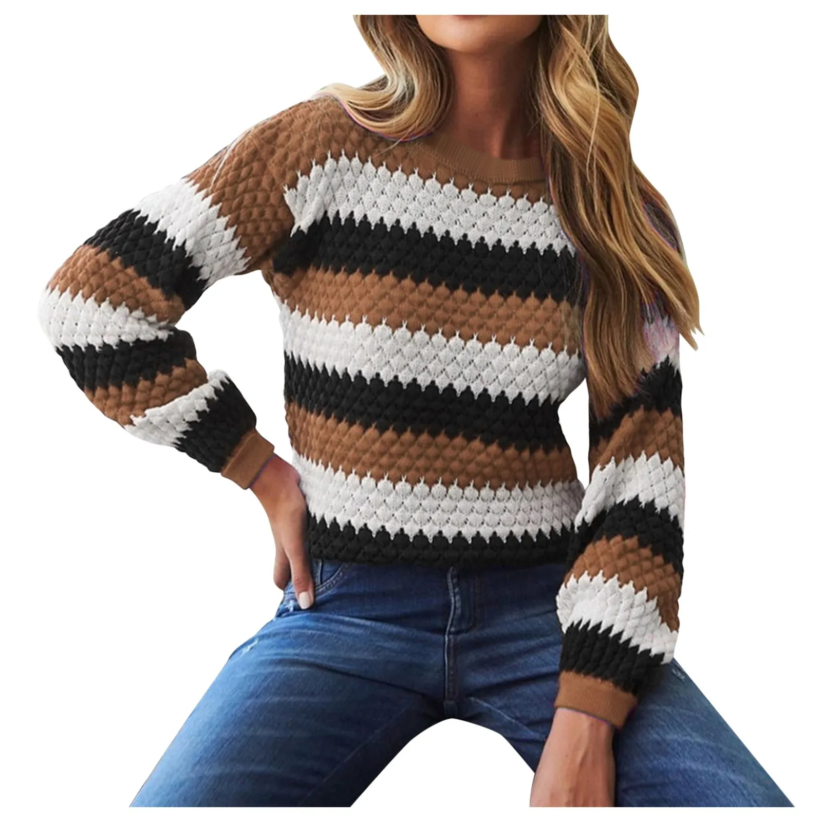 

Women'S Round Neck Color-Blocking Striped Loose Casual Puff Sleeve Short Sweater Must-Have All-Match Sweaters For Autumn