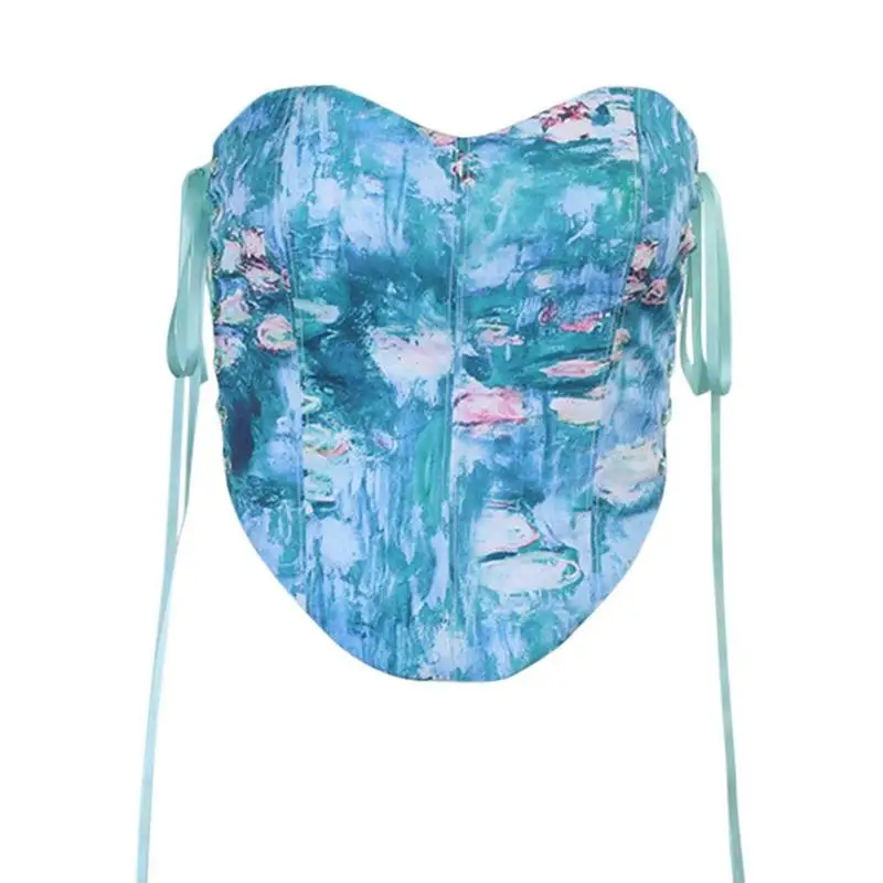 

2021 Summer y2k Vintage Corset Tops Dye Side Tie Lace-Up Tank Top Fashion Flower Print Sexy Strapless Party Outfits Bandage Crop
