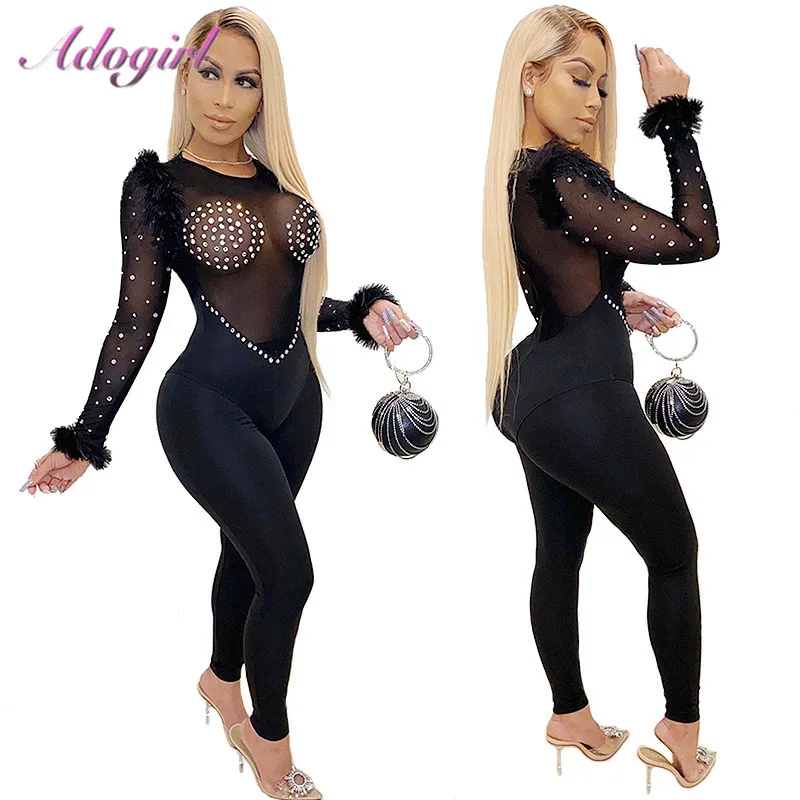 

Sexy Two Piece Set Crystal Diamonds Feather Sheer Mesh Long Sleeve Bodysuit Tops Long Pants Suit Women Night Party Club Jumpsuit