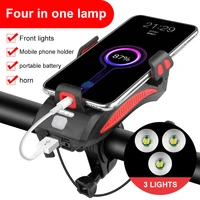 multi function 4 in 1 bicycle light flashlight bike horn alarm bell phone holder power bank bike accessories cycling front light