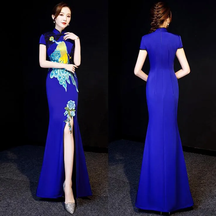 

Sweet Embroidery Phoenix Women Mermaid Dresses Vintage Mandarin Collar Satin Skirt Elegant Split Catwalk Show Evening Dress Gown