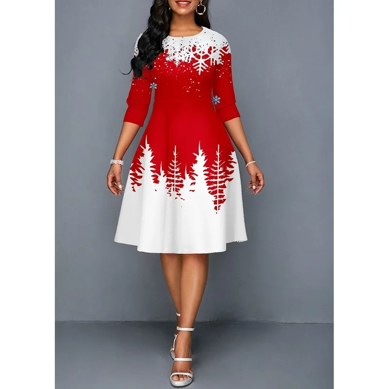 

Women Dress 2022 Elegant Christmas Print New Year Evening Party Dresses Casual O-Neck Red Chic Fasion High Waist A-Line Dress