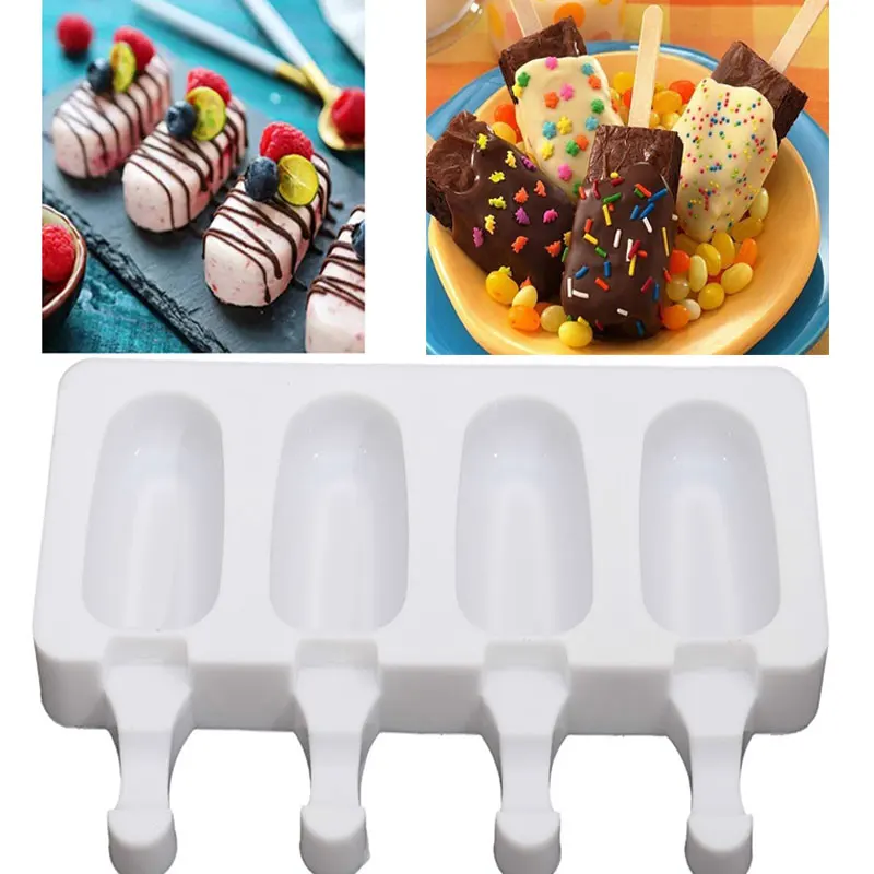 

Food Safe Silicone Ice Cream Molds 4 Cell Frozen Ice Cube Molds Popsicle Maker DIY Homemade Freezer Lolly Mould With 4 Sticks