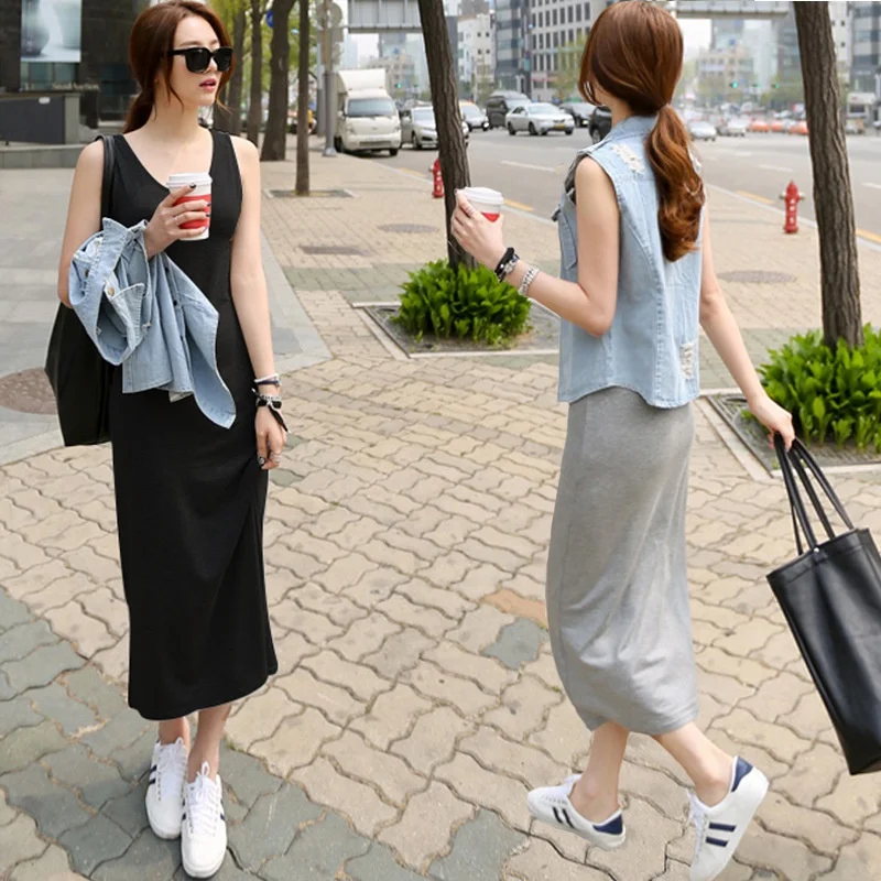 

Summer New Fashion Basic Vest Long Dress Women Back Split Dress Elegant Sexy Sleeveless Vest Tanks Slim Strap Dresses 50 Casual