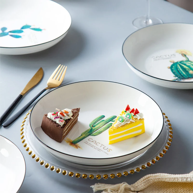 Креативная круглая квадратная керамическая тарелка с КАКТУСОМ и черным краем