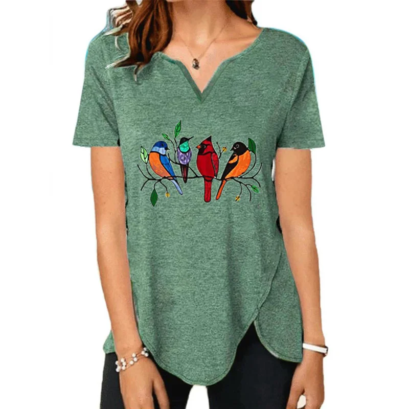 

Women's Casual Baggy Loose Irregular V-neck Bird Print Female T-shirts Blouse