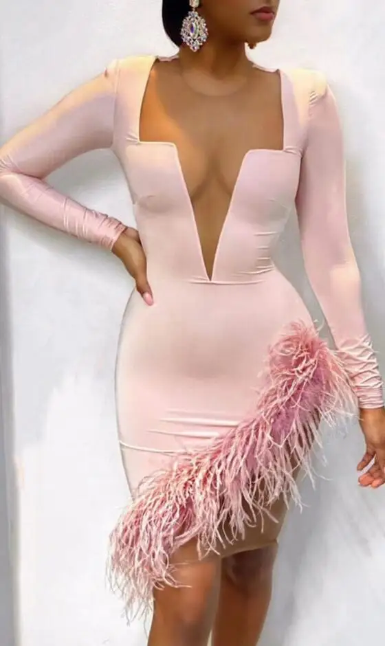 

Women Winter Sexy Long Sleeve Feather Mesh Pink Tight Bandage Dress Elegant Evening Club Dress