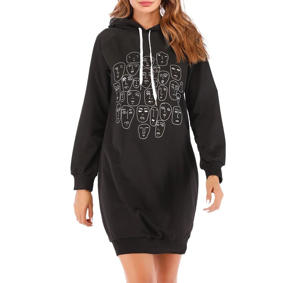 Женское хлопковое платье с капюшоном черное свитшот и сиамским рисунком Осень