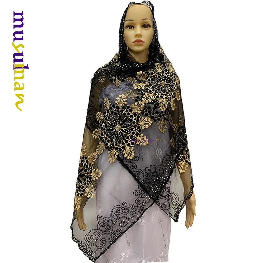 

High quality African muslim women net scarf net match cotton embroidered with stones for SHAWLS PASHMINA BM914